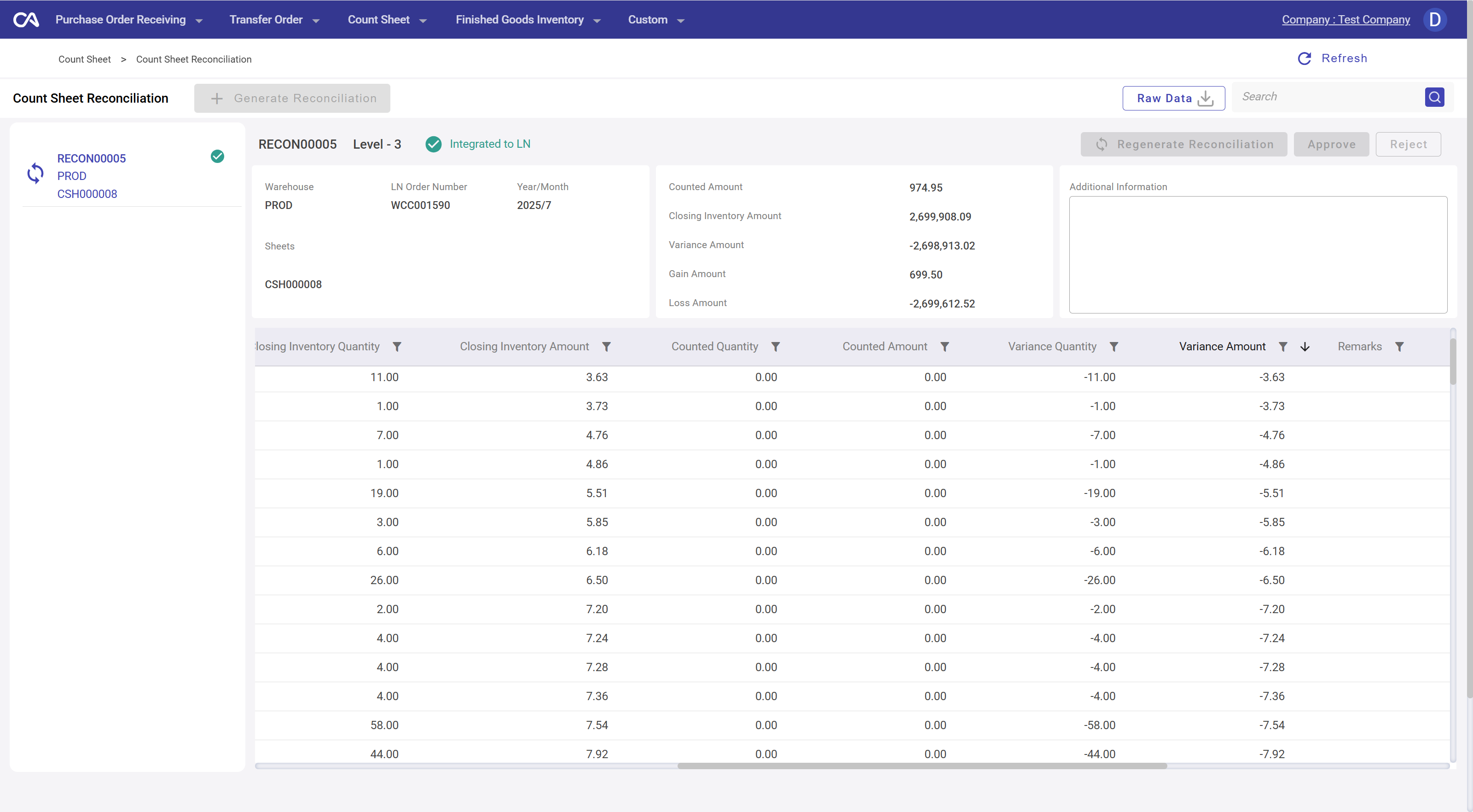 Count sheet reconciliation screen